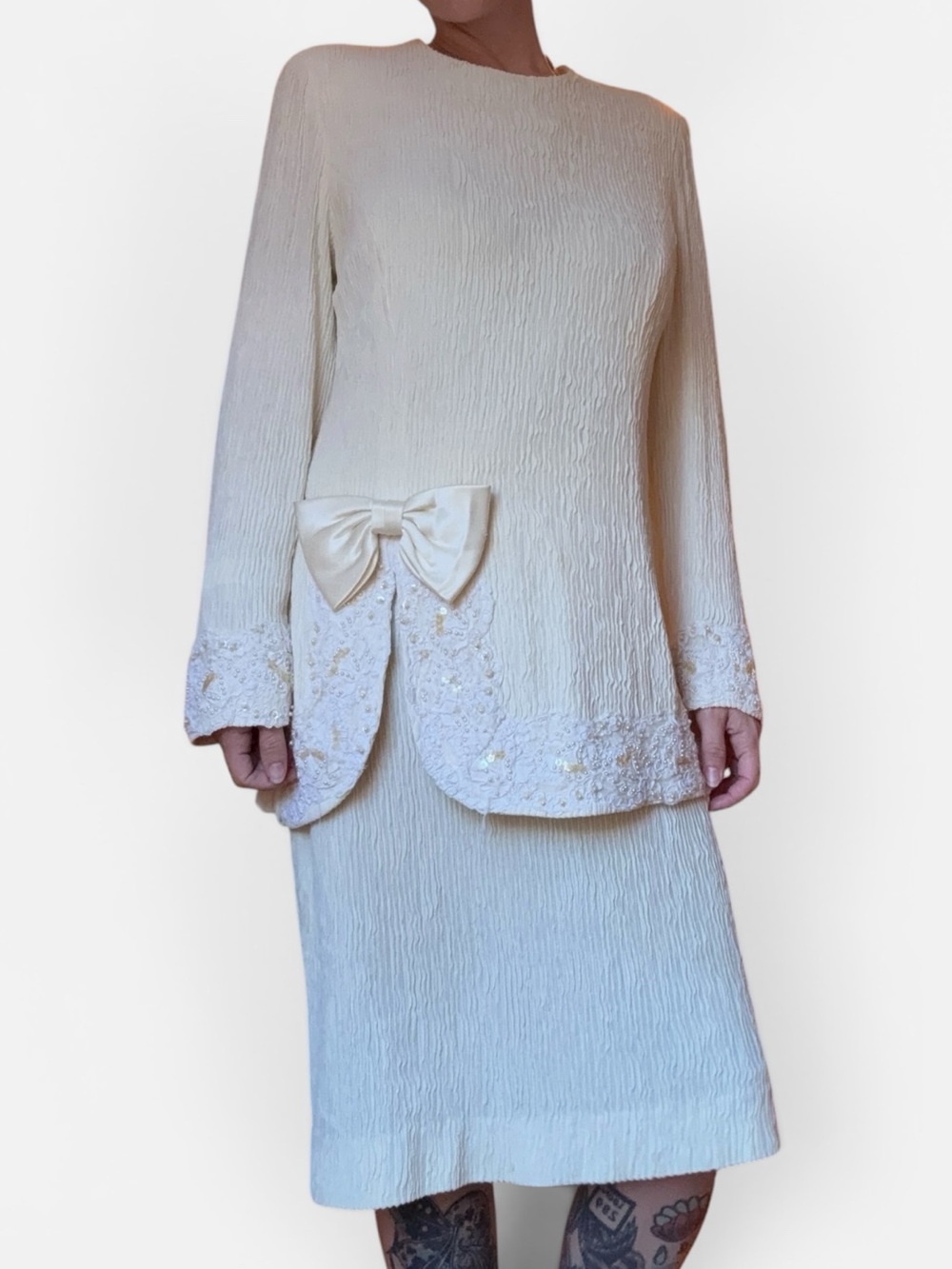 Rare VTG 80s Cream Textured Dress with Bow & Sequin Detail